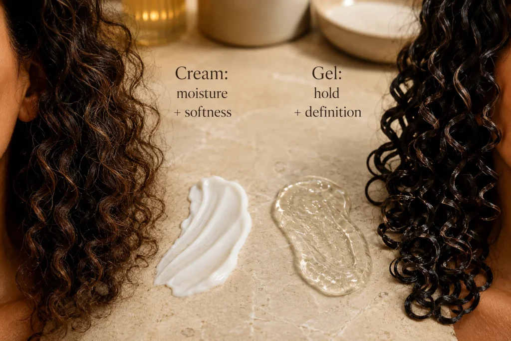 Curl cream and gel texture swatches shown beside soft and defined curl results.