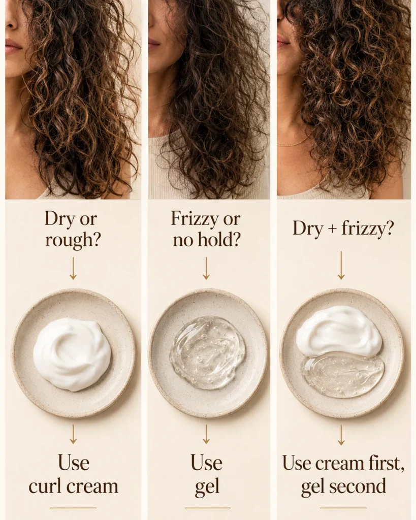 Decision chart showing when to use curl cream, gel, or both for curly hair.