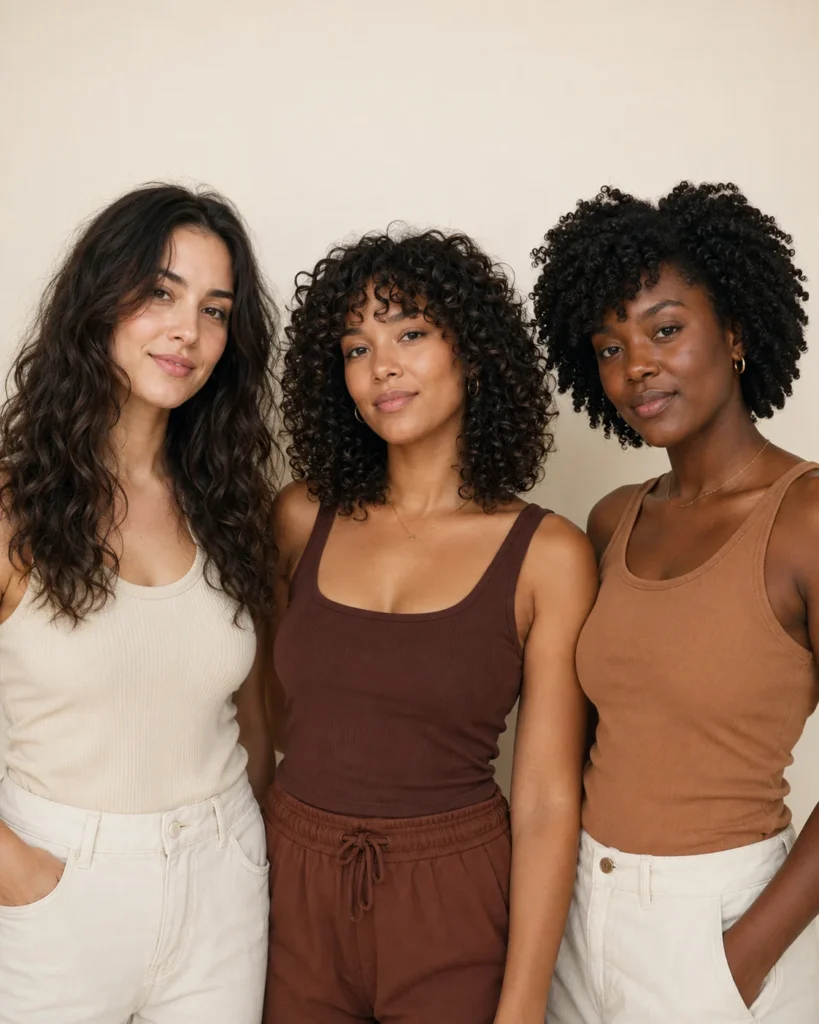 Three women showing styling results on 2C waves, 3B curls, and 4C twist-out hair