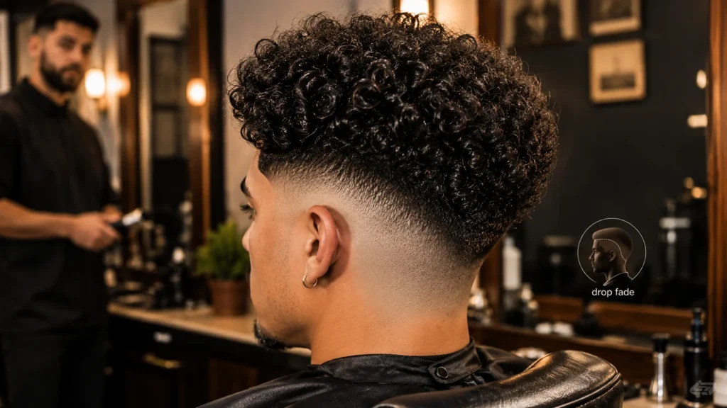 curly hair drop skin fade showing curved fade behind ear with dense curls on top