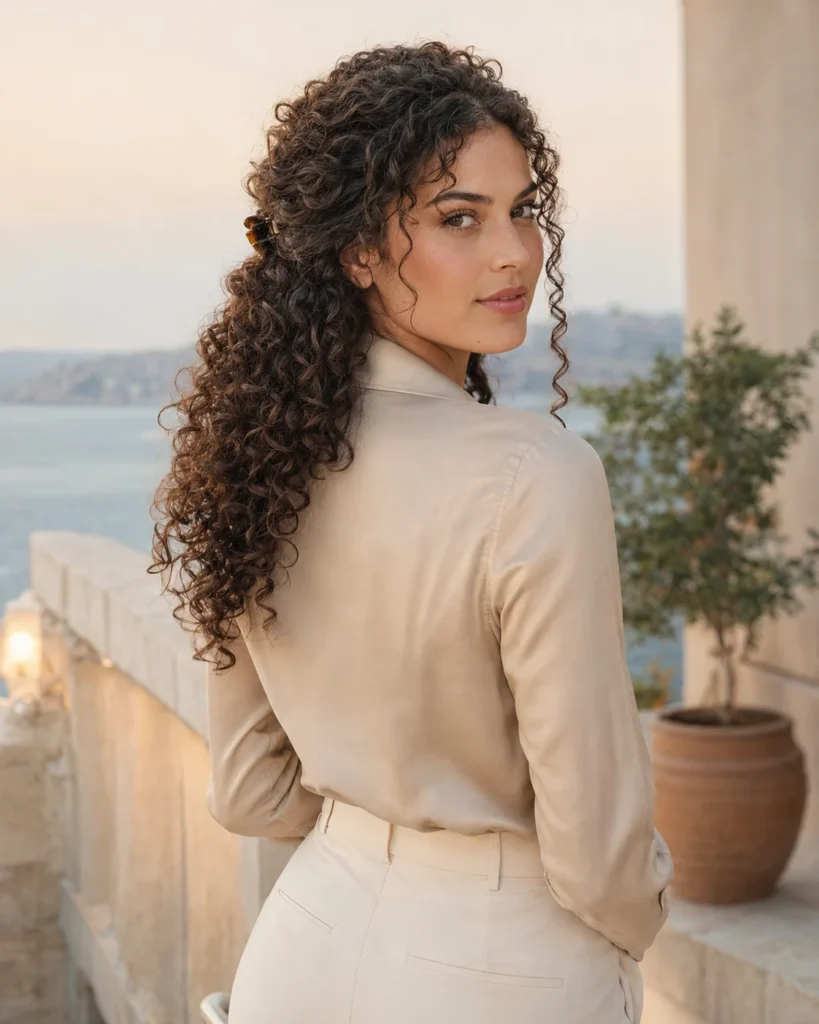 Woman wearing defined dark curls in a half-up style with a tortoiseshell clip.