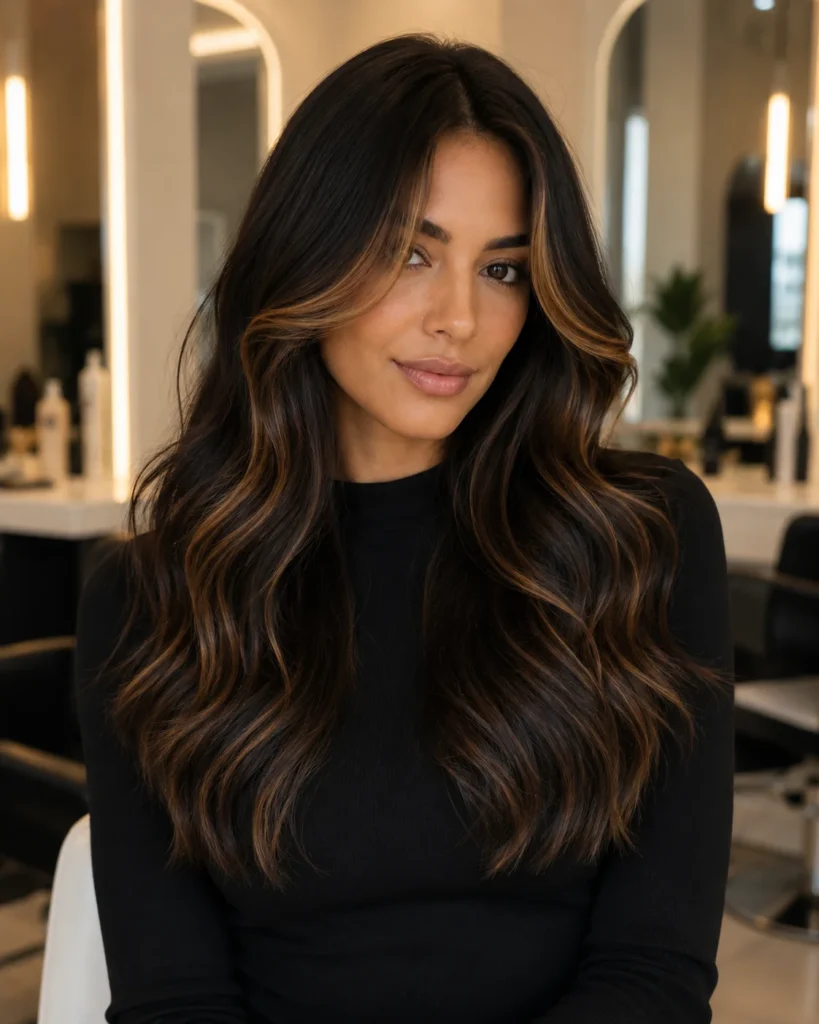 Dark caramel highlights on black-brown wavy hair with subtle warm face-framing pieces