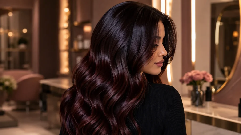 dark cherry cola hair on very dark brunette hair with deep red black cherry shine