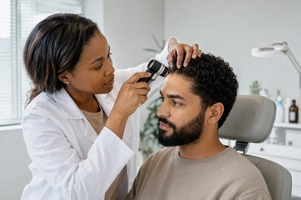 Dermatologist examining persistent scalp flaking in a curly-haired patient