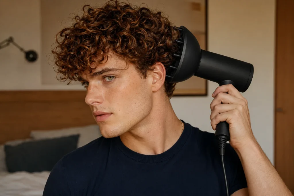 Young man cupping damp curls in a diffuser while drying them.