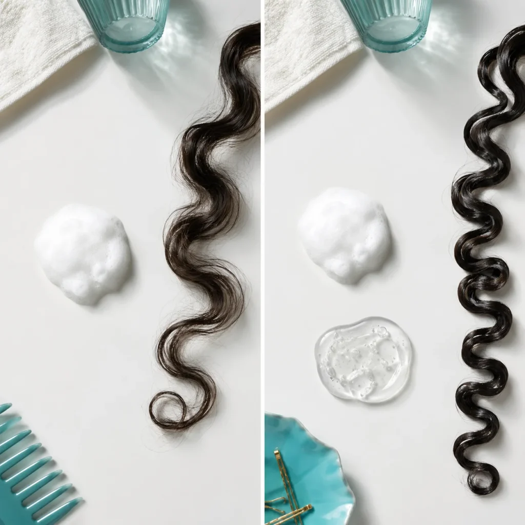 Flat lay comparison of styling foam alone versus foam and gel with curl sections