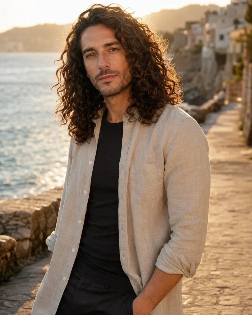 Man with full-length loose curls falling past the shoulders