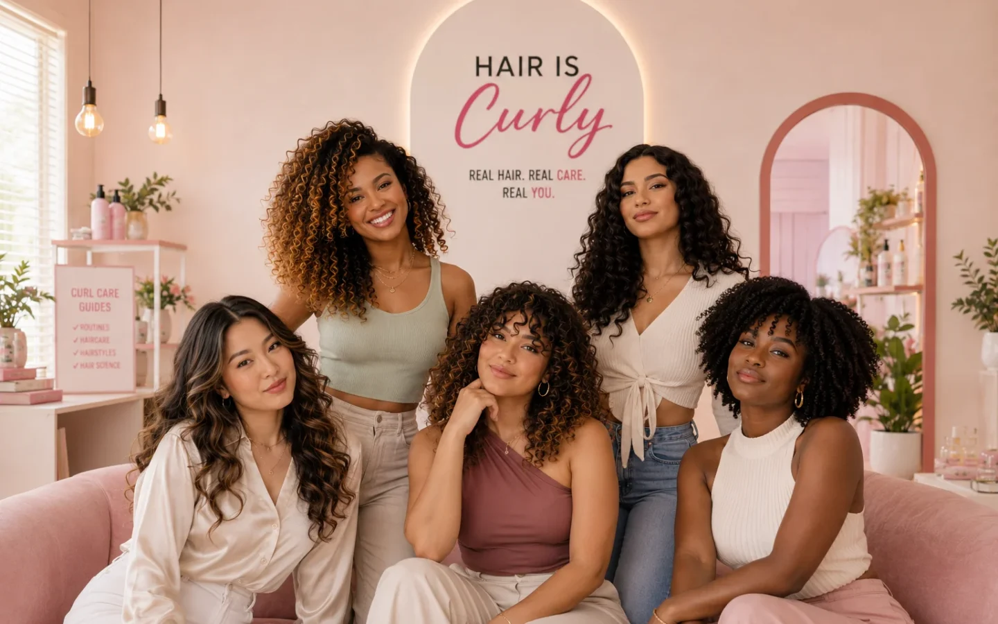 diverse women with wavy curly and coily hair smiling in a Hair Is Curly beauty studio