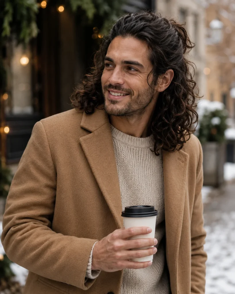 Man with long curly hair styled half-up with loose curls hanging down