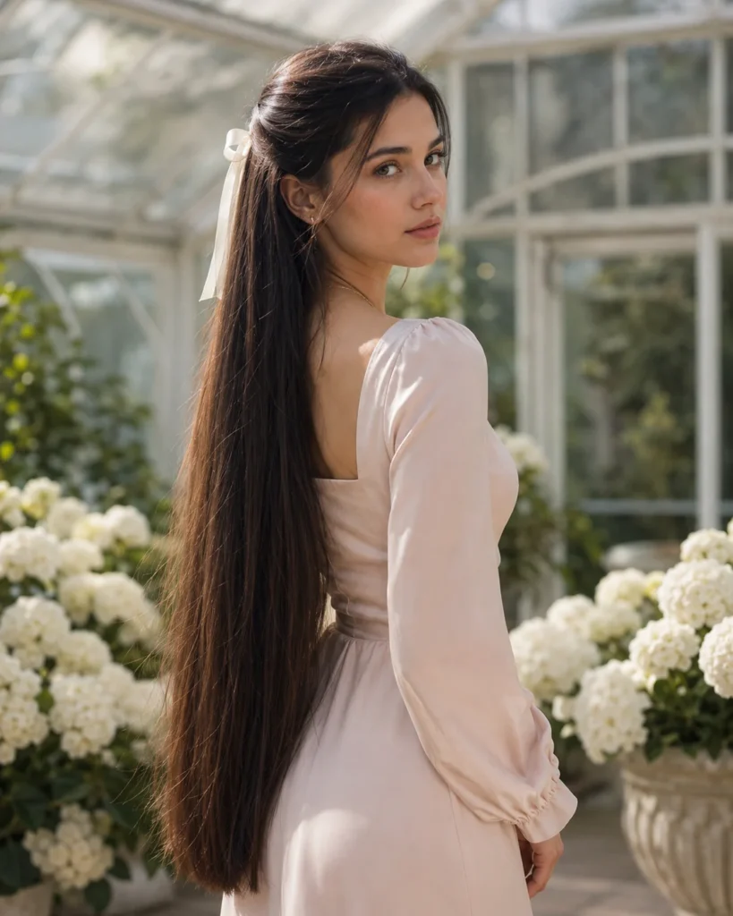 Woman with long dark hair in a half-up style tied with an ivory ribbon. Caption: The section should sit below the crown so the ribbon looks refined rather than overly formal.