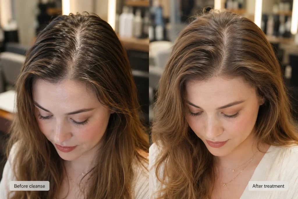 Subtle before and after comparison showing oily roots before a head spa and cleaner lifted roots after treatment.