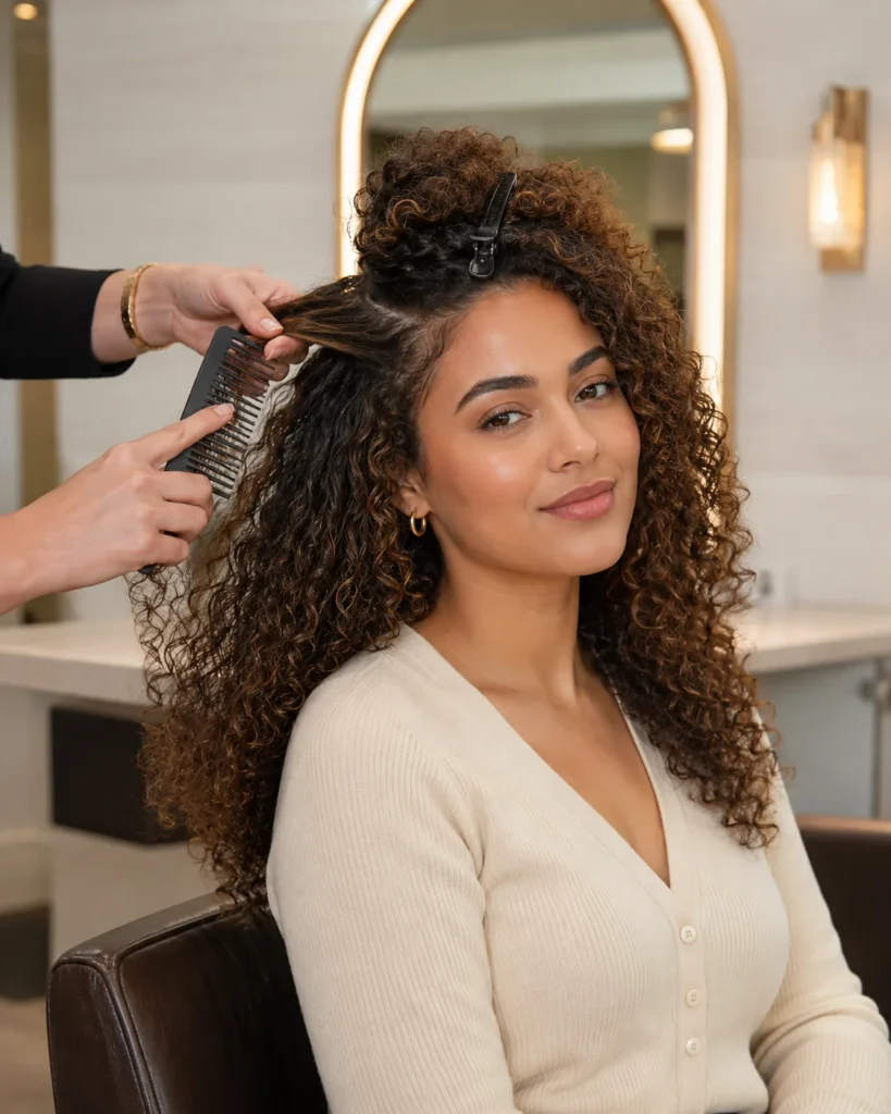 Stylist gently sectioning curly hair before a head spa treatment in a luxury salon.