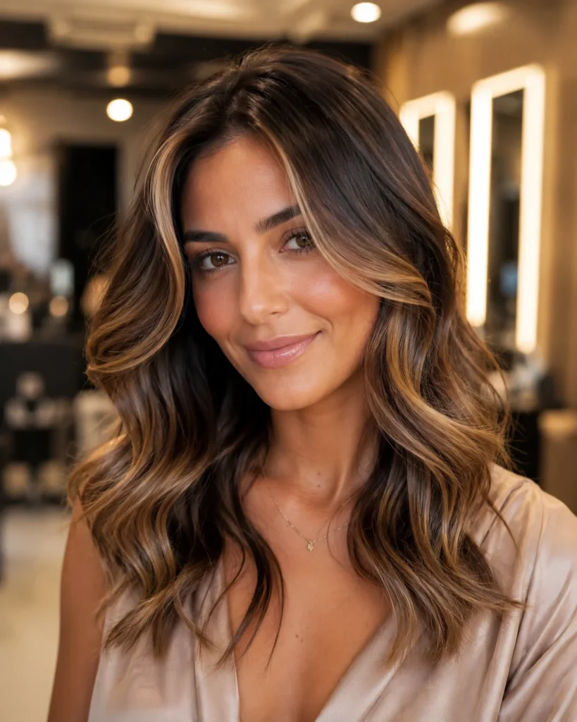 Honey caramel highlights on dark brown hair with warm golden dimension