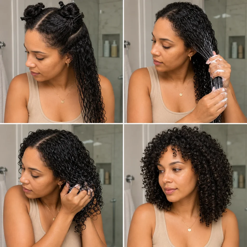Four-step sequence showing damp curls sectioned, foam applied, curls scrunched, and finished definition