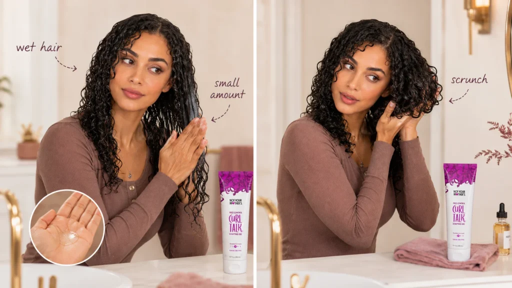 applying Curl Talk Gel to very wet curls using praying hands and scrunching for definition