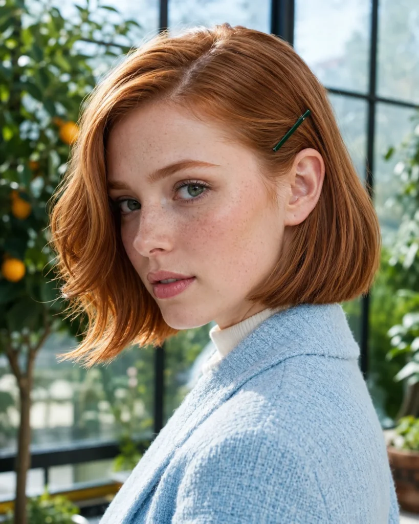 Woman with a copper bob tucked behind one ear with a green barrette.