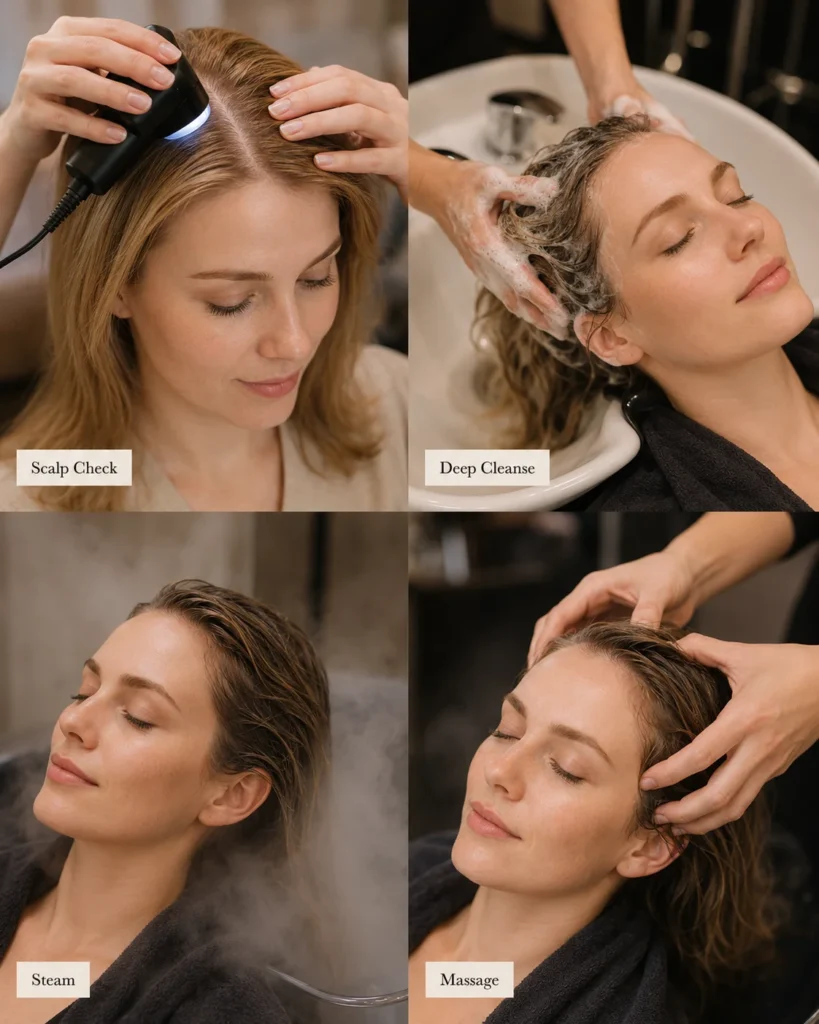 Four-step visual showing scalp check, deep cleanse, steam and massage during a Japanese head spa.