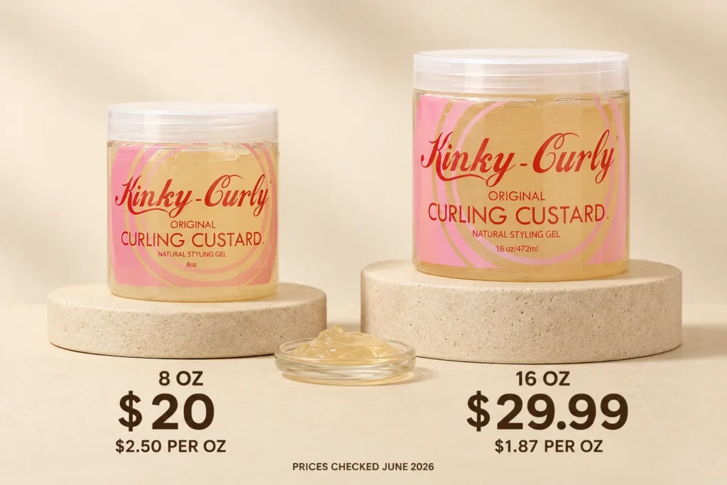 Eight-ounce and 16-ounce Kinky-Curly Curling Custard jars shown side by side.