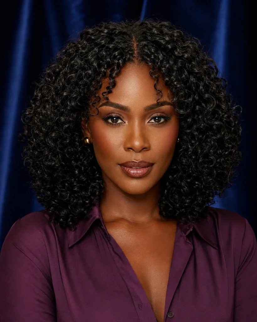 Layered shoulder-length 3B curls with a soft, slightly uneven center split.