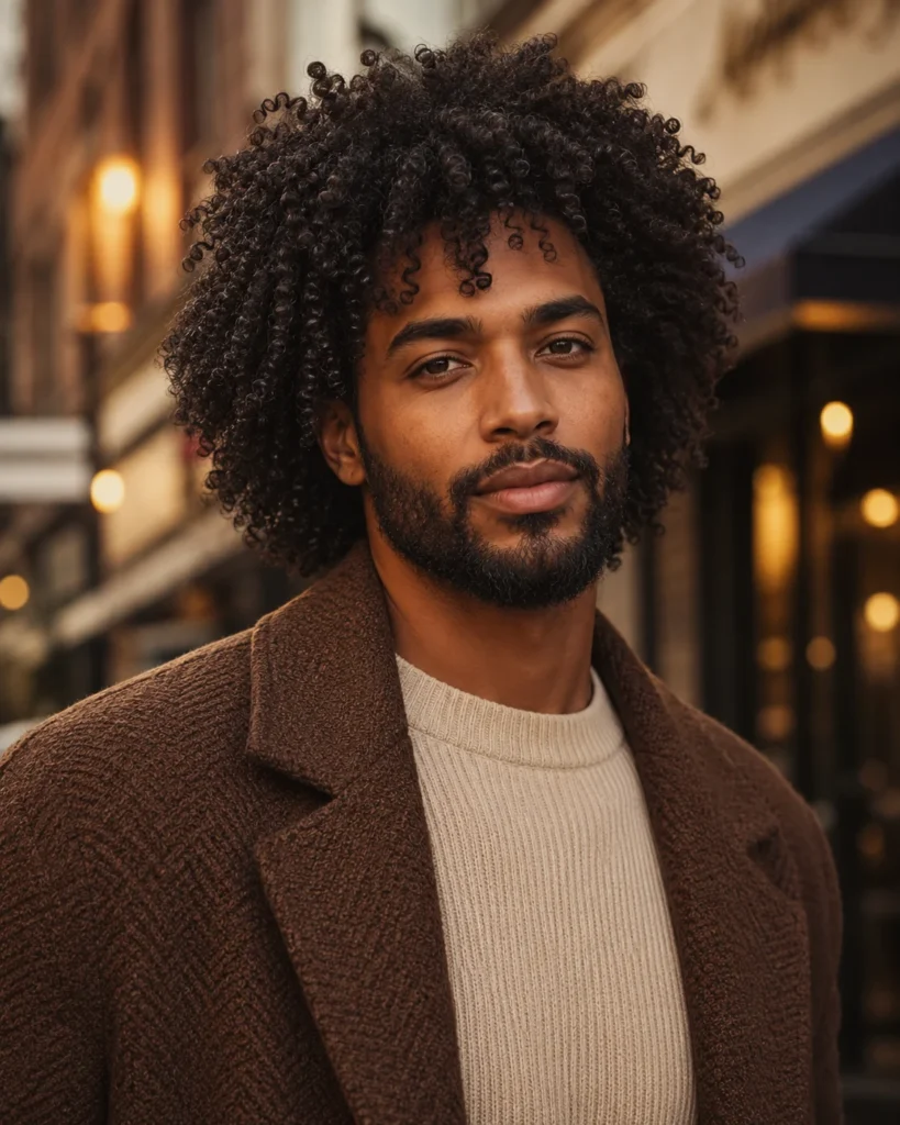 Man with long coily hair shaped into full natural volume