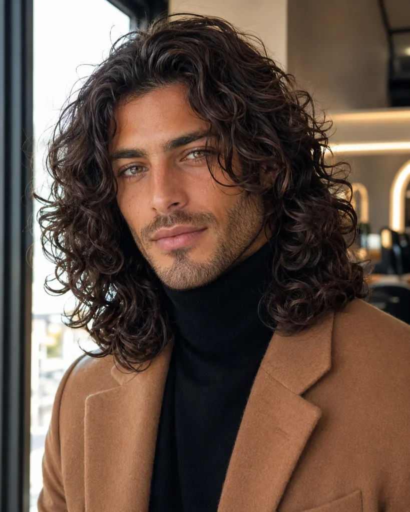 Man with long curls and soft face-framing layers around the cheeks