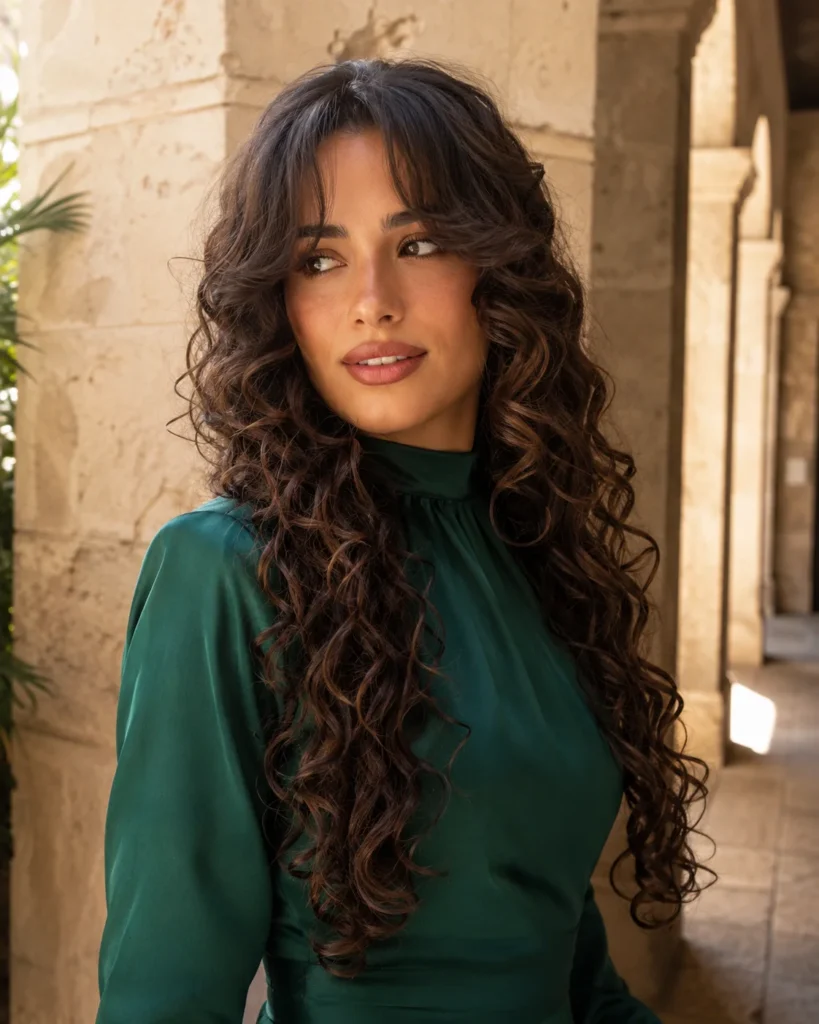 Long dark curls with graduated bangs at the eyes, cheekbones and jaw.