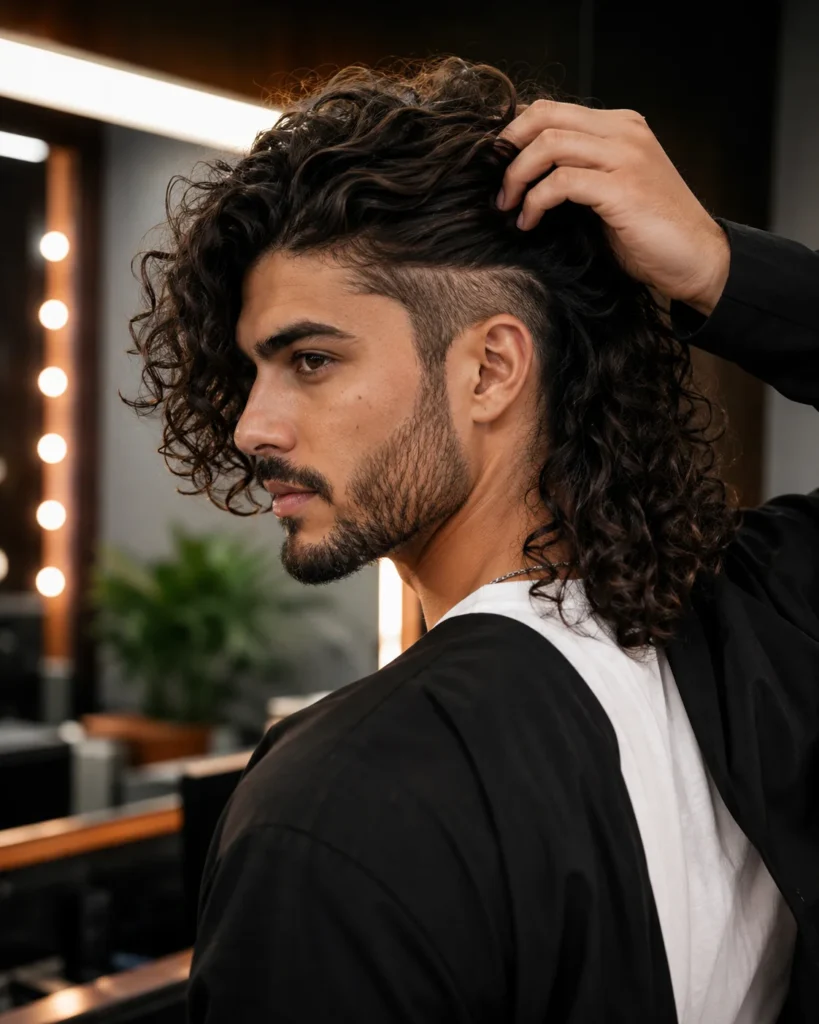 Man with long thick curls and a subtle hidden undercut underneath
