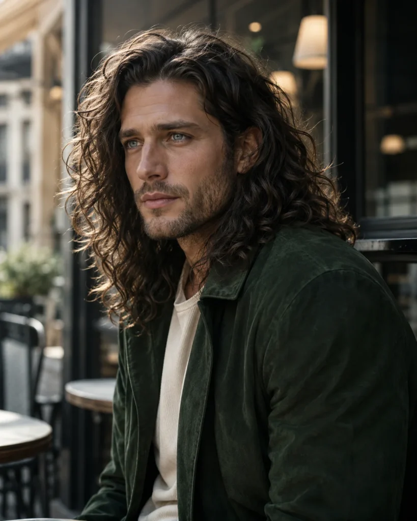 Man with long layered curly hair showing balanced shape and movement