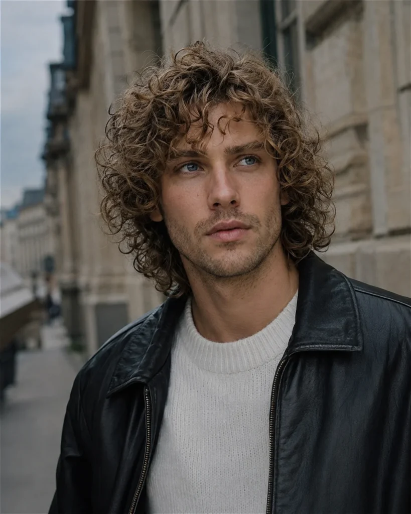 Man with a long curly shag and layered face-framing curls