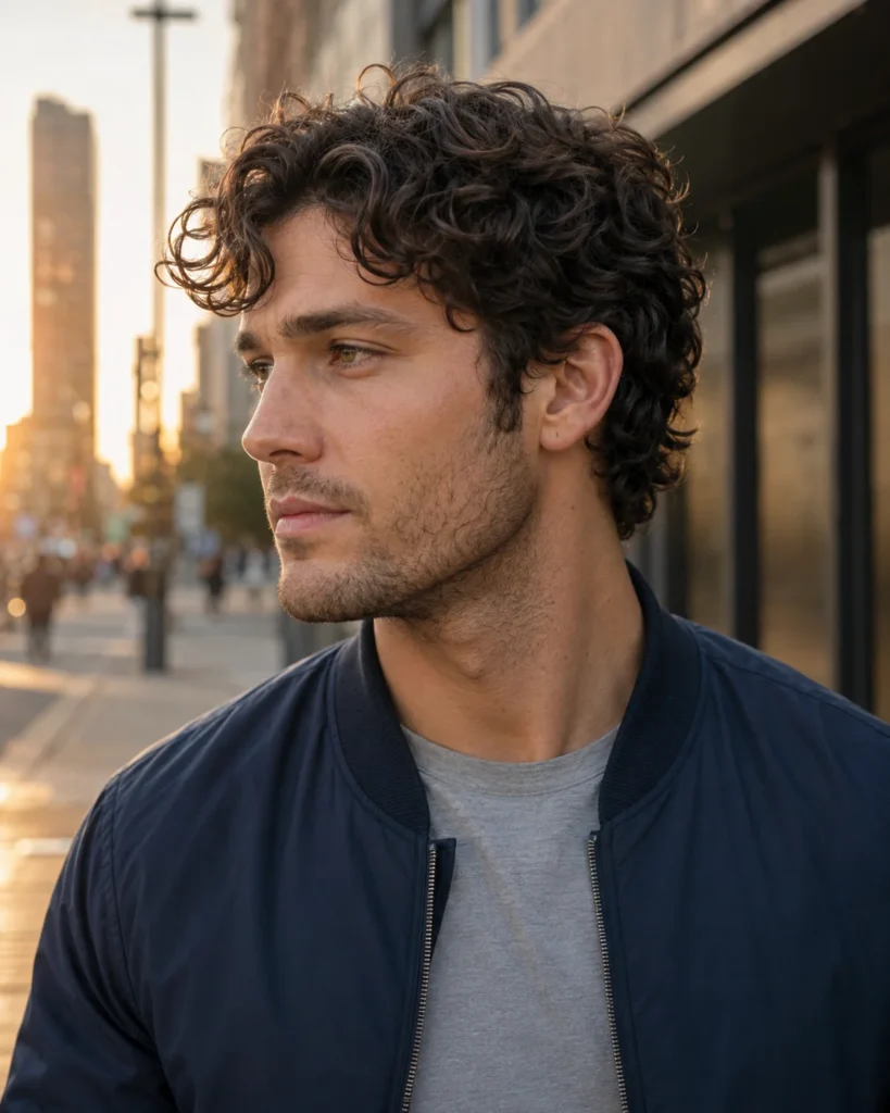 Man with long curls on top and softly tapered sides