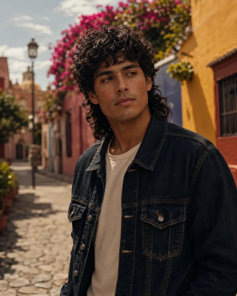 Man with a long curly wolf cut, lifted crown and layered sides