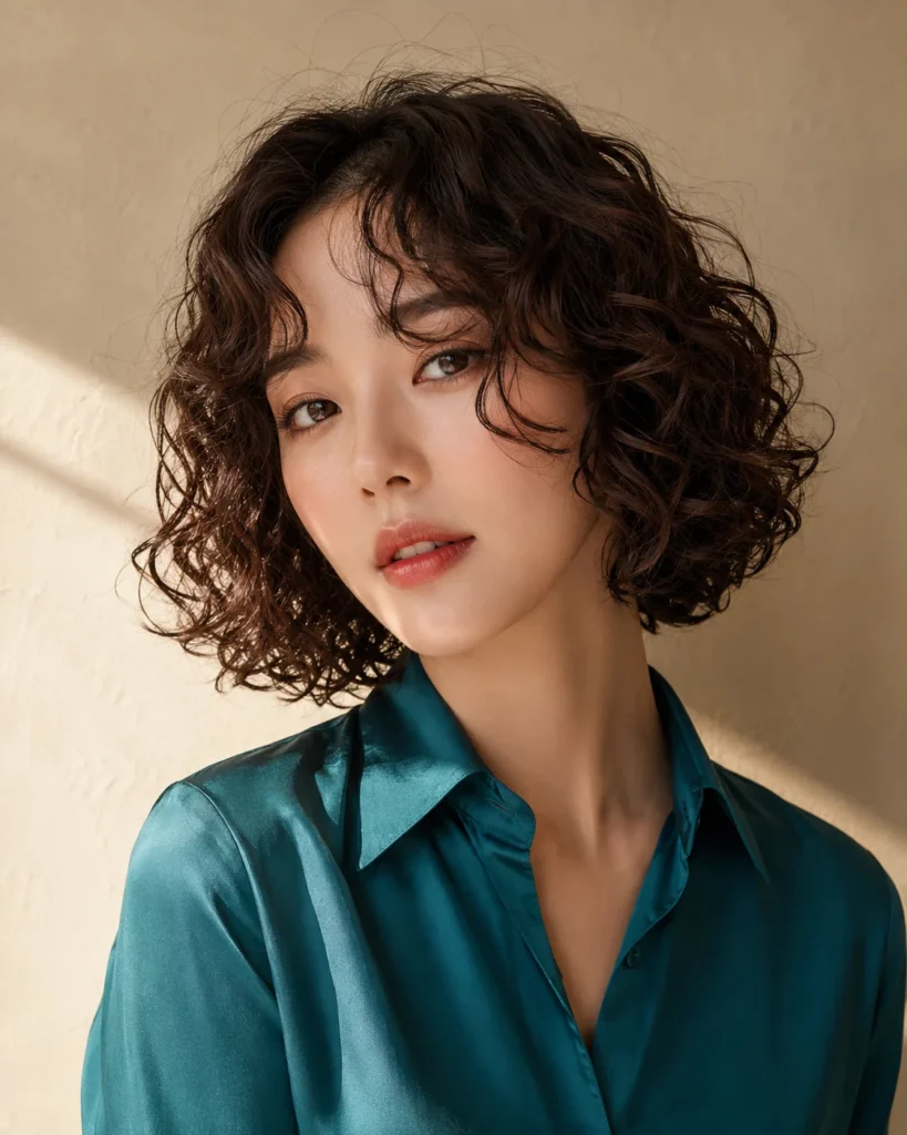 Jaw-length curly bob with long curtain bangs blending at the cheekbones