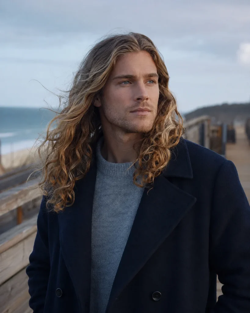 Man with long thick curls and a subtle hidden undercut underneath