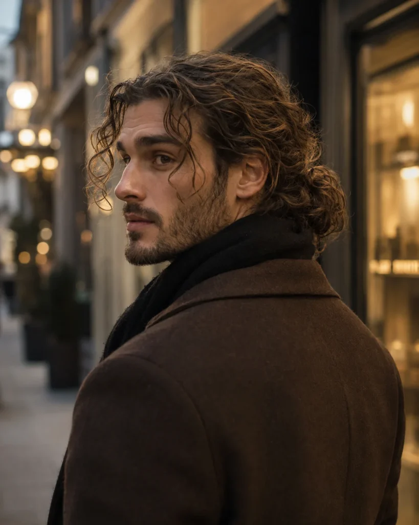 Man with long wavy-curly hair pulled into a low loose bun