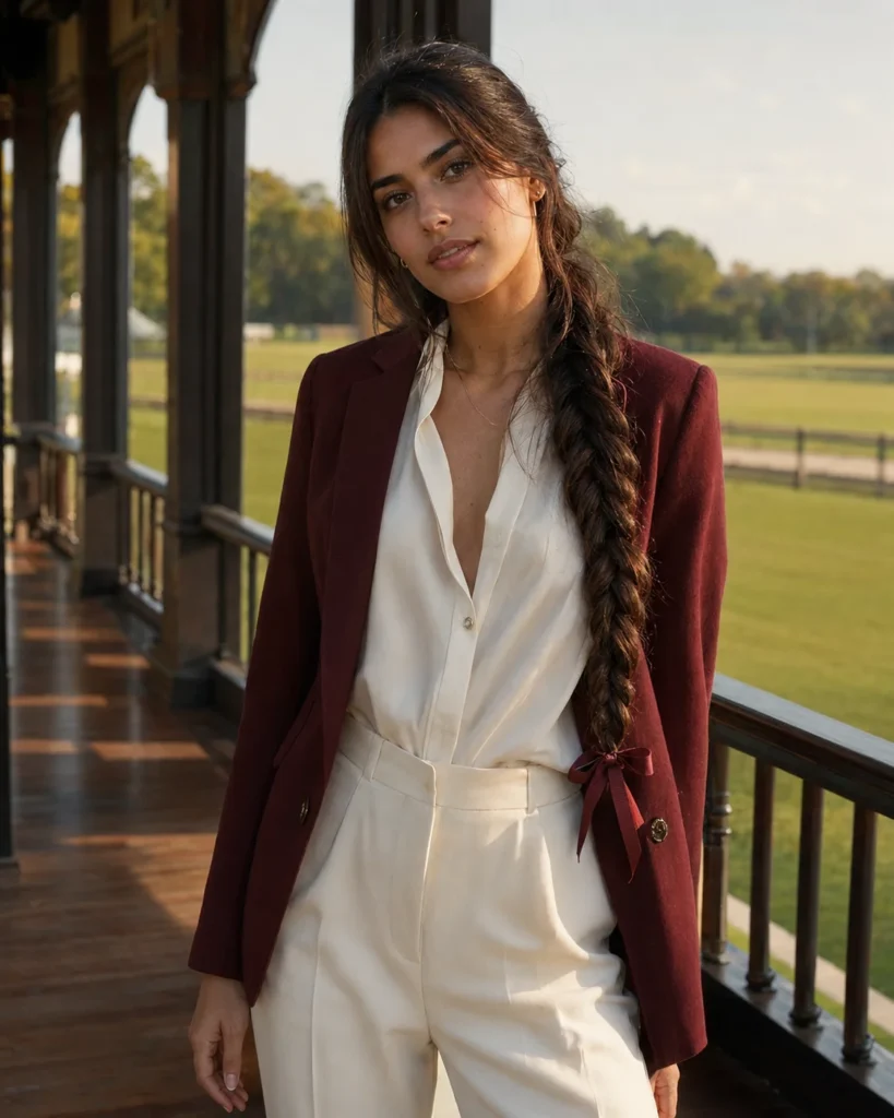 Young woman wearing a low chestnut side braid tied with a burgundy ribbon.