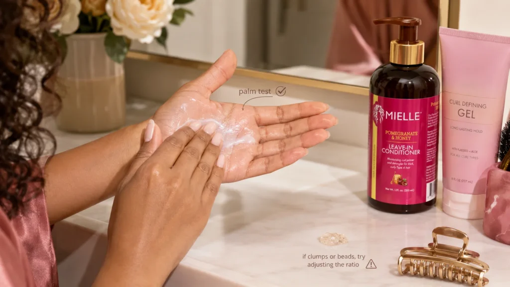 palm test mixing leave-in conditioner with gel or mousse before applying to curls