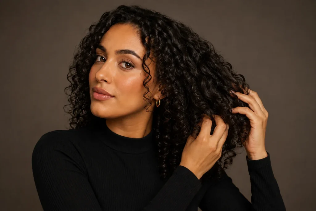 Woman scrunching out a gel cast on defined curly hair with controlled frizz.