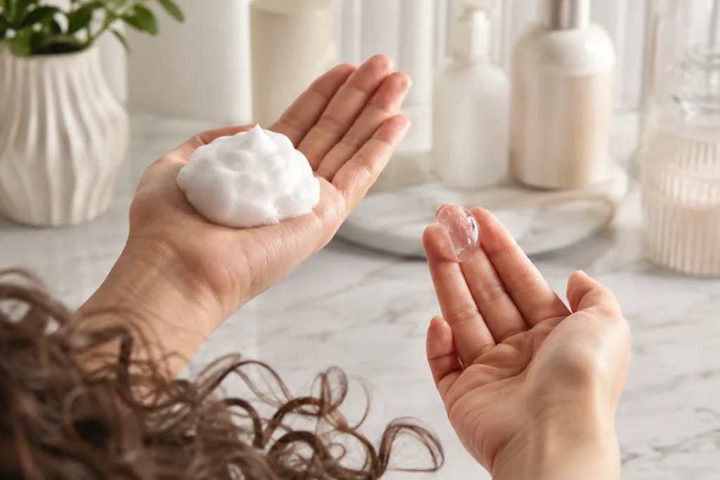 Hands showing airy hair mousse and clear styling gel on a clean bathroom counter.