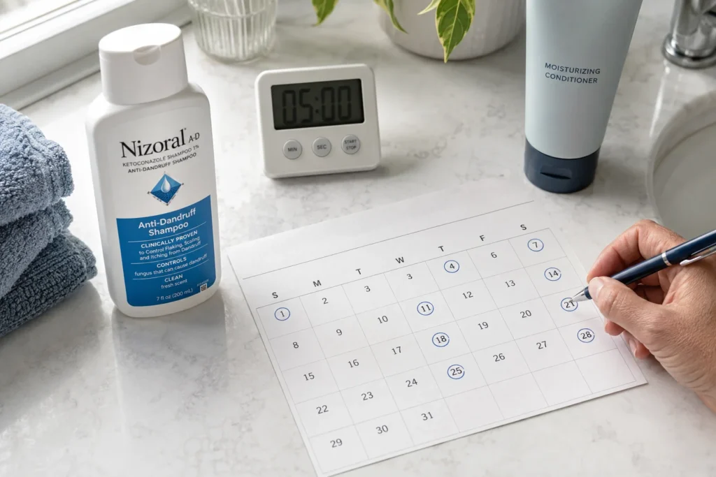Nizoral shampoo beside a calendar showing spaced wash days