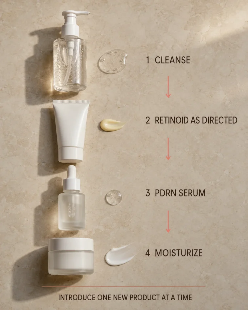 Evening skincare order showing cleanser, retinoid, PDRN serum and moisturizer