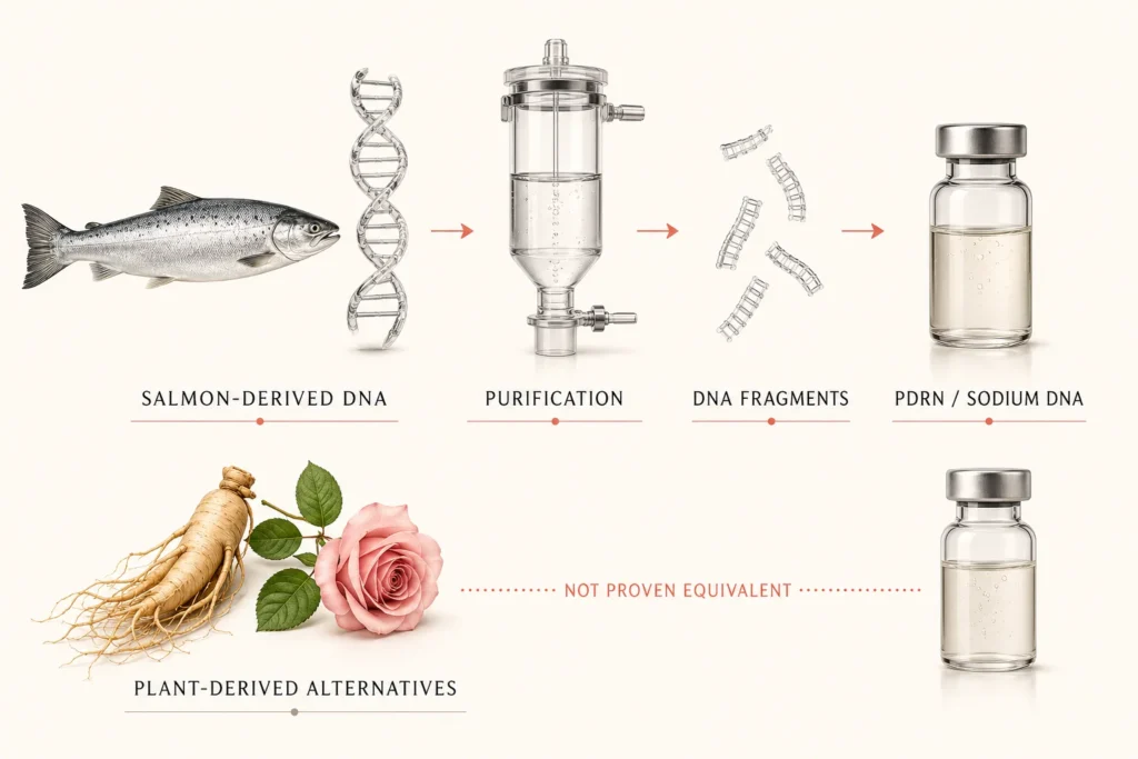 Diagram showing salmon-derived PDRN purification and separate plant-derived alternatives
