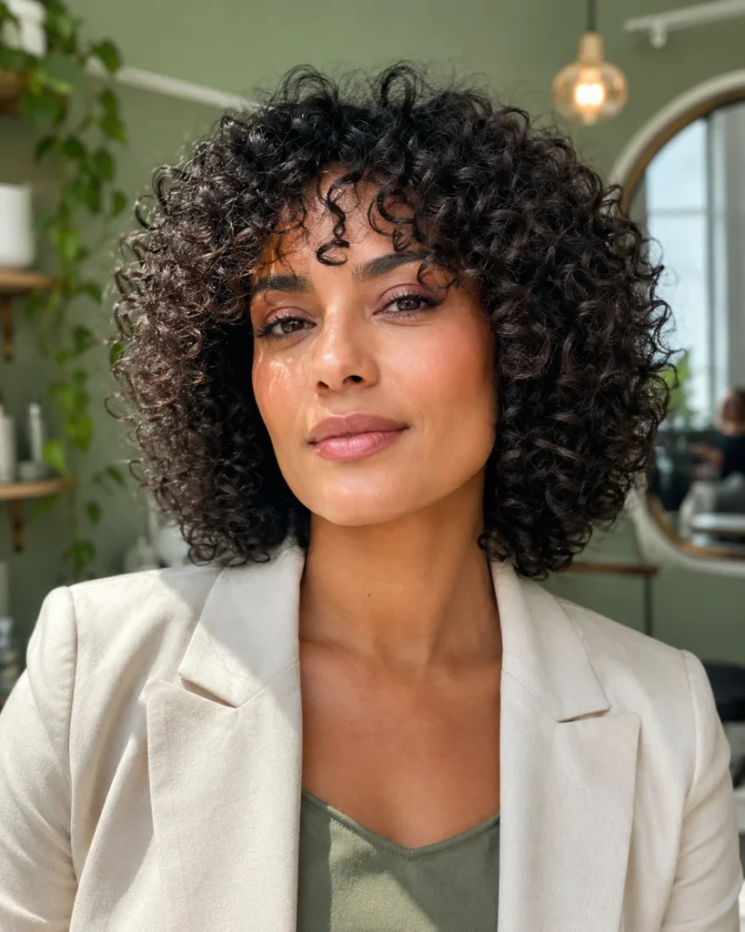 Rounded medium 3C haircut with light curtain bangs and full sides.
