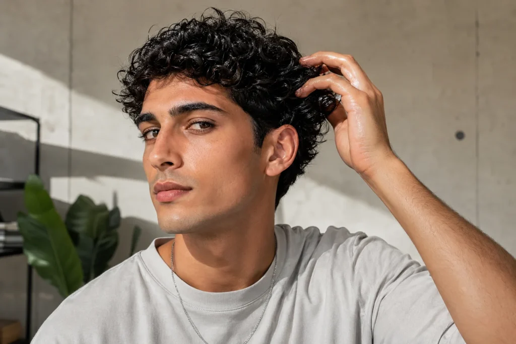 Young man scrunching product into damp curls while preserving root volume.