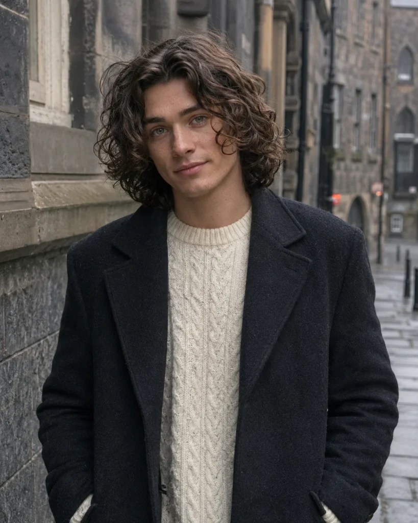 Man with shoulder-length curtain curls and soft face-framing shape