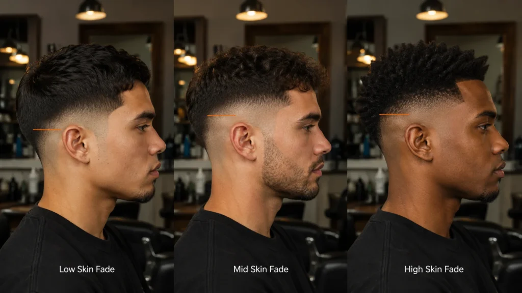 visual guide showing low mid and high skin fade starting points on men's haircut