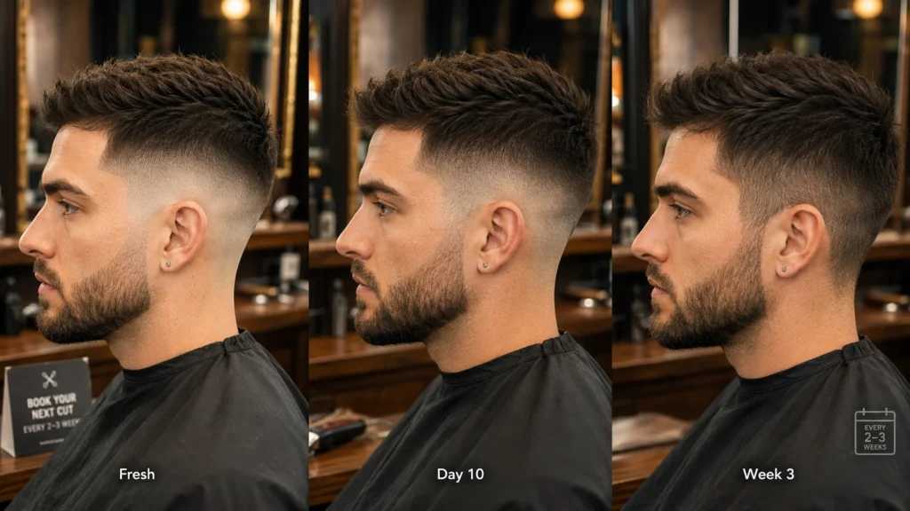 skin fade maintenance timeline showing fresh fade day one and grow out after two weeks
