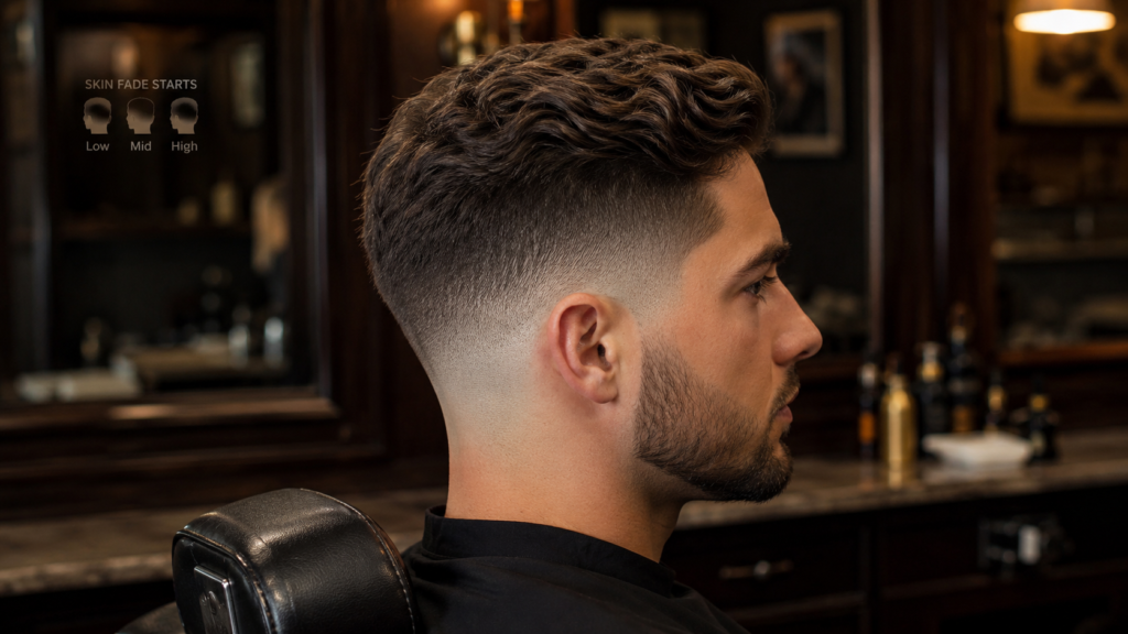handsome man with a smooth skin fade and full textured top in a premium barbershop