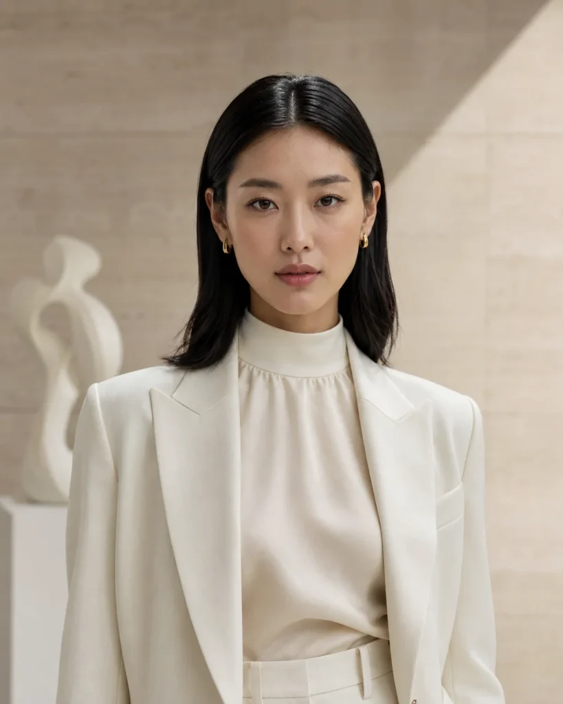 Woman with sleek center-parted black hair curved gently under at the ends.