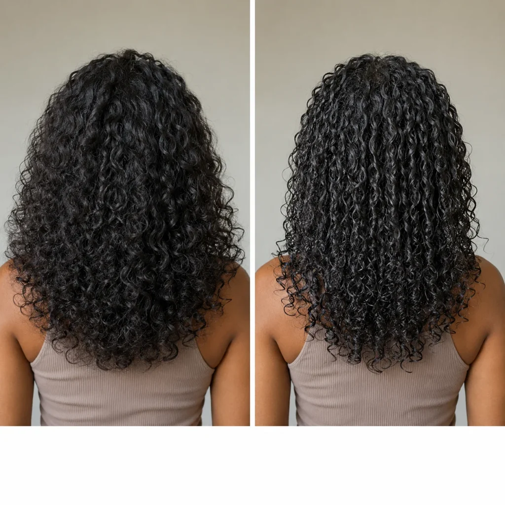 Back view comparison of soft defined curls versus slightly stiff over-applied curls