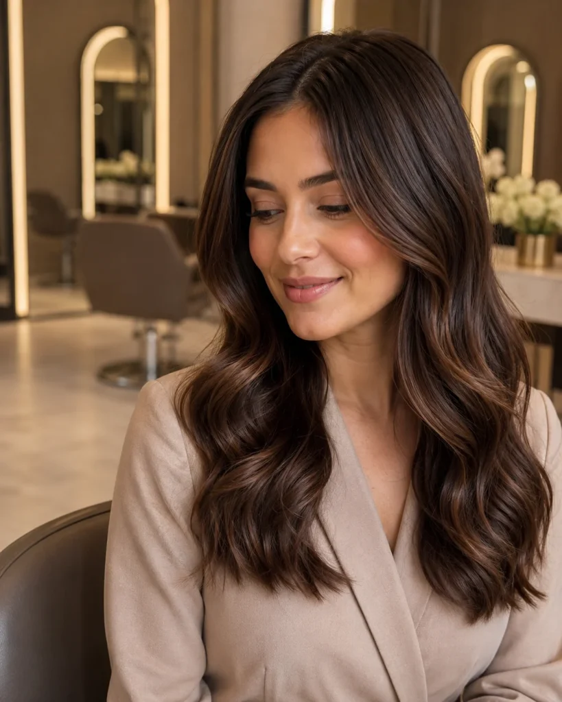 Subtle caramel gloss on dark brown wavy hair adding warm brunette shine